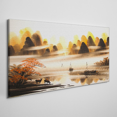 Tablou canvas Un peisaj liniștit cu munți și apă