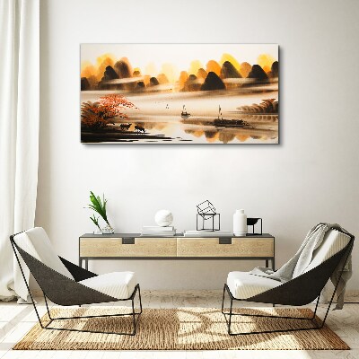 Tablou canvas Un peisaj liniștit cu munți și apă
