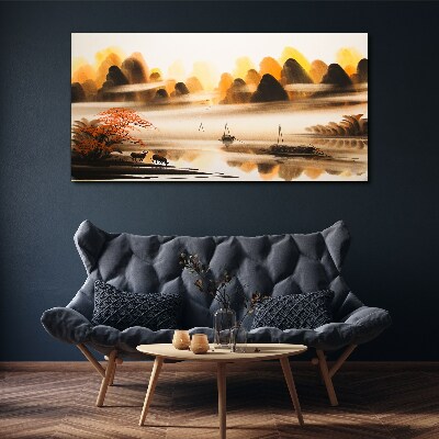 Tablou canvas Un peisaj liniștit cu munți și apă