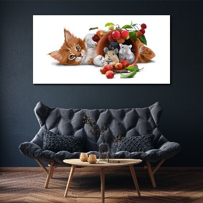 Tablou canvas Pisica cu soareci si fructe