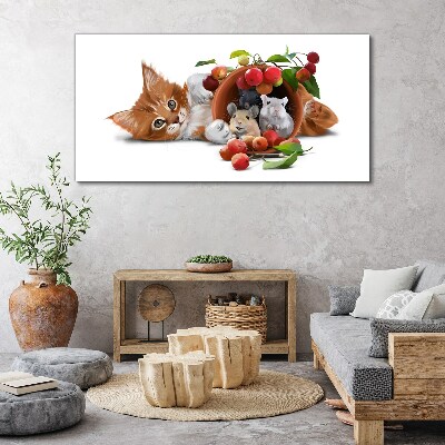 Tablou canvas Pisica cu soareci si fructe
