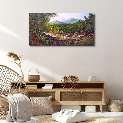 Tablou canvas pădure râu pietre munți