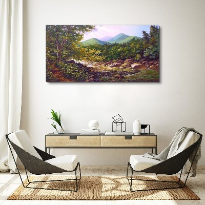 Tablou canvas pădure râu pietre munți