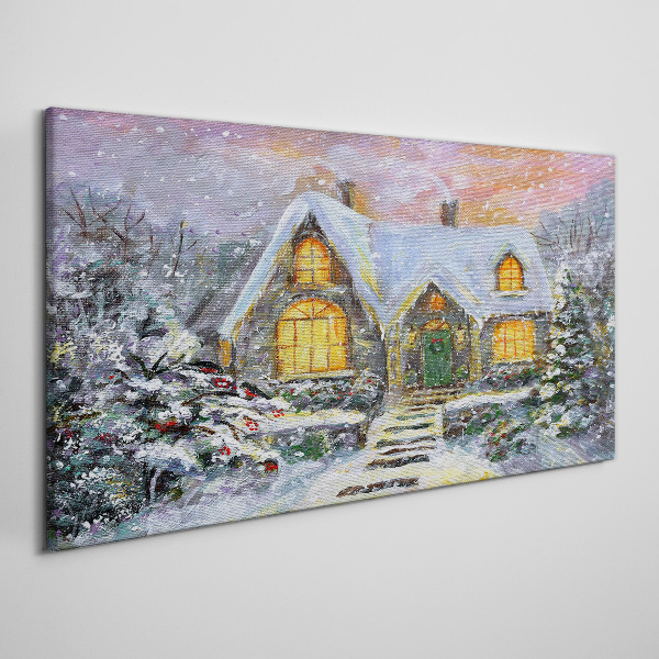 Tablou canvas Peisaj de iarnă cu o casă în pădure