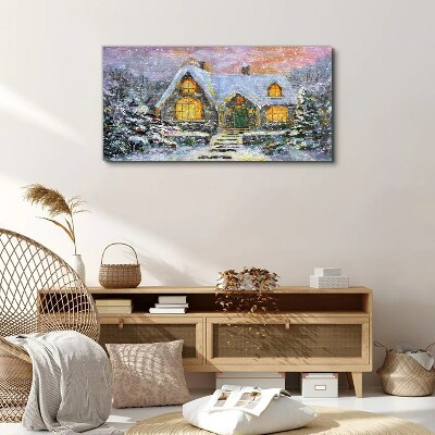 Tablou canvas Peisaj de iarnă cu o casă în pădure