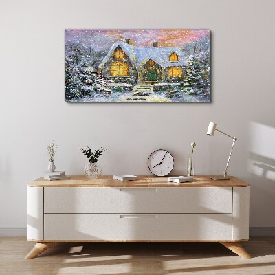 Tablou canvas Peisaj de iarnă cu o casă în pădure