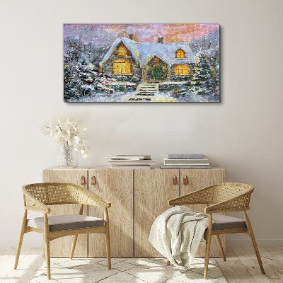 Tablou canvas Peisaj de iarnă cu o casă în pădure