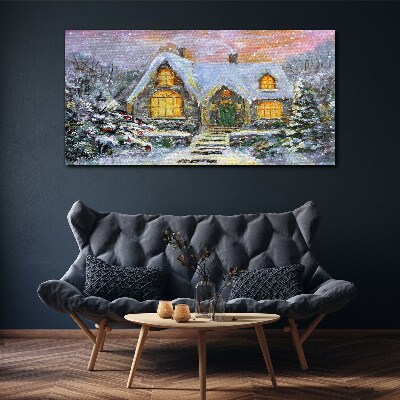 Tablou canvas Peisaj de iarnă cu o casă în pădure