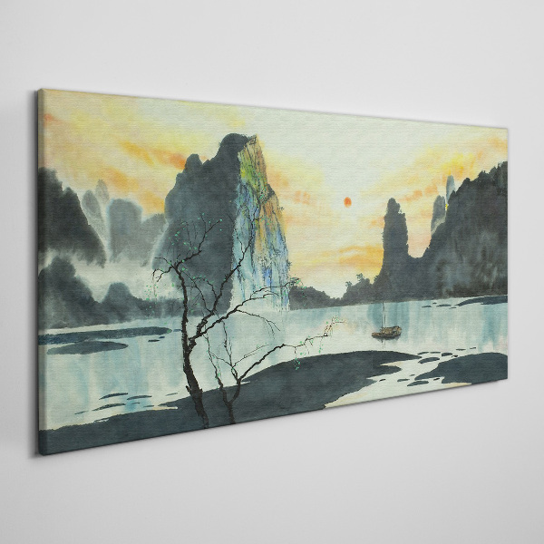 Tablou canvas Un peisaj liniștit cu un munte și o barcă