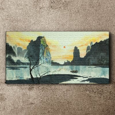 Tablou canvas Un peisaj liniștit cu un munte și o barcă