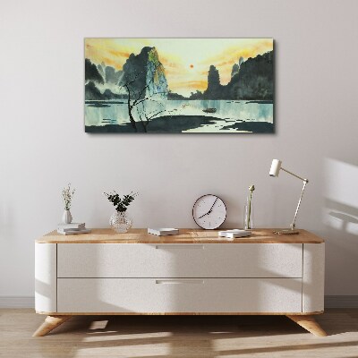 Tablou canvas Un peisaj liniștit cu un munte și o barcă