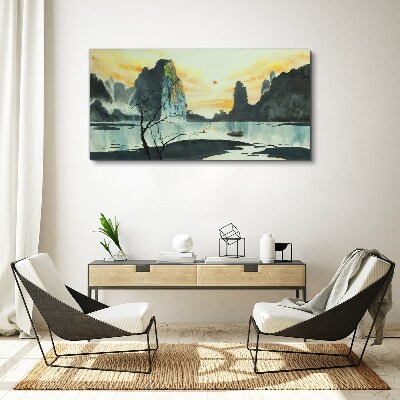 Tablou canvas Un peisaj liniștit cu un munte și o barcă
