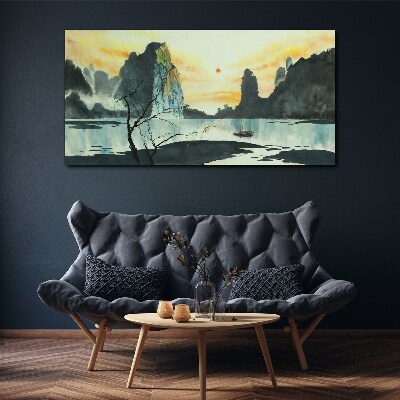 Tablou canvas Un peisaj liniștit cu un munte și o barcă