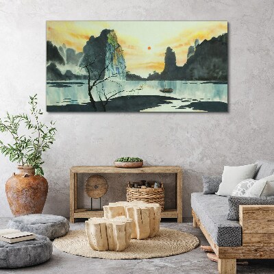 Tablou canvas Un peisaj liniștit cu un munte și o barcă