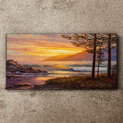 Tablou canvas copaci valuri apus de soare