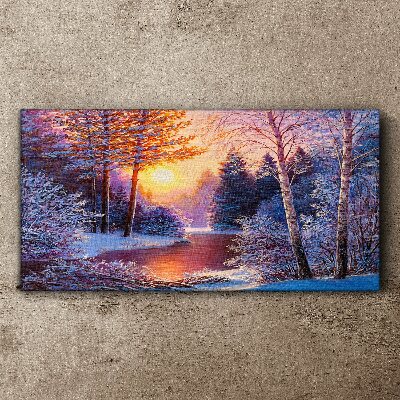 Tablou canvas pădure zăpadă râu apus de soare