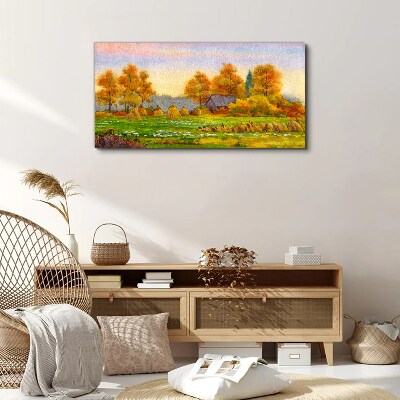Tablou canvas Sat de toamna cu livada si stive