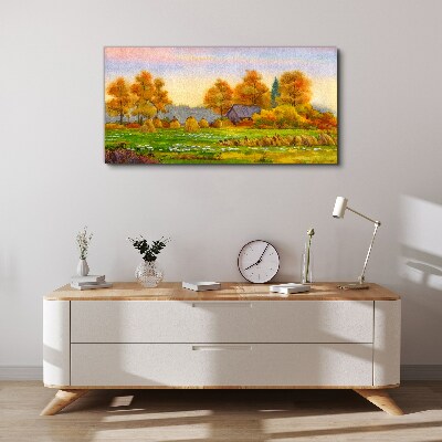 Tablou canvas Sat de toamna cu livada si stive