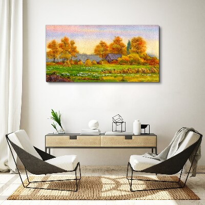 Tablou canvas Sat de toamna cu livada si stive