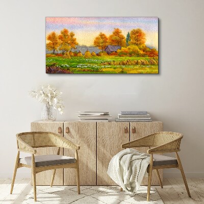Tablou canvas Sat de toamna cu livada si stive