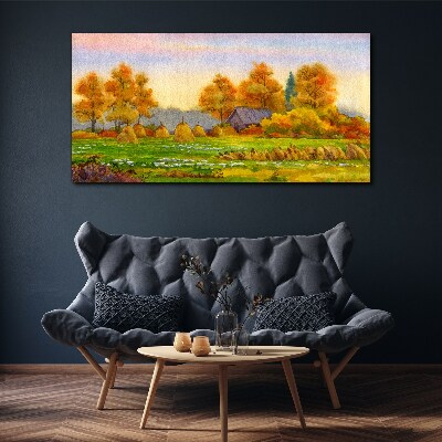 Tablou canvas Sat de toamna cu livada si stive
