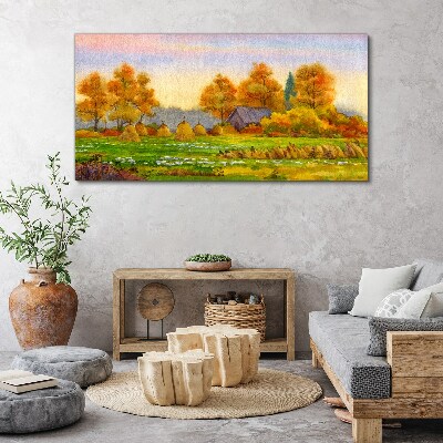 Tablou canvas Sat de toamna cu livada si stive