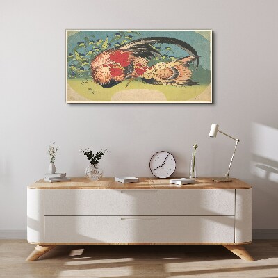 Tablou canvas Cocoș și pui în grădină