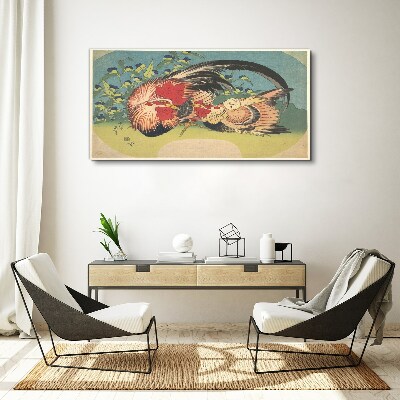 Tablou canvas Cocoș și pui în grădină