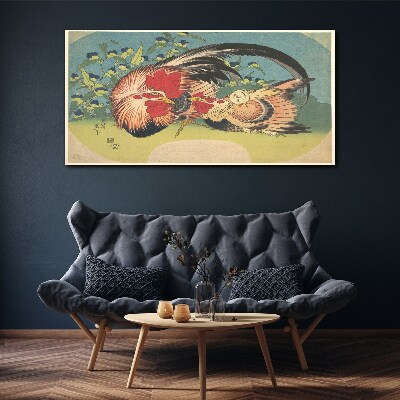 Tablou canvas Cocoș și pui în grădină