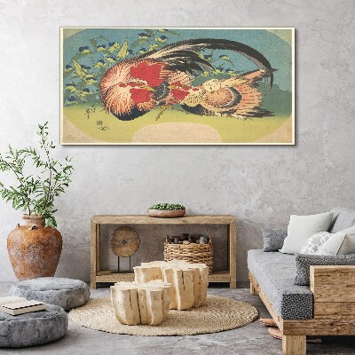 Tablou canvas Cocoș și pui în grădină