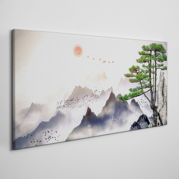 Tablou canvas Munți și păsări în lumina dimineții