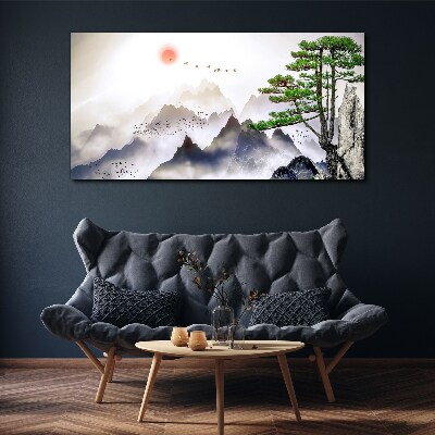 Tablou canvas Munți și păsări în lumina dimineții