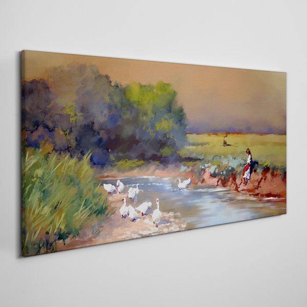 Tablou canvas Un peisaj liniștit cu rațe lângă râu