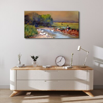 Tablou canvas Un peisaj liniștit cu rațe lângă râu
