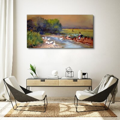 Tablou canvas Un peisaj liniștit cu rațe lângă râu