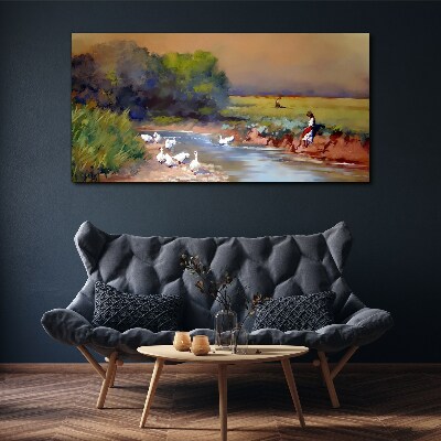Tablou canvas Un peisaj liniștit cu rațe lângă râu