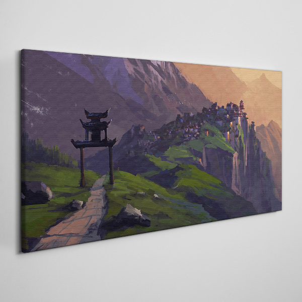 Tablou canvas Peisaj de munte cețos cu o pagodă