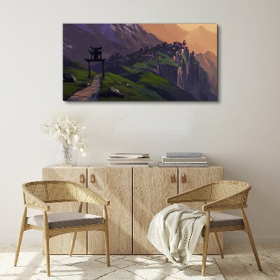 Tablou canvas Peisaj de munte cețos cu o pagodă