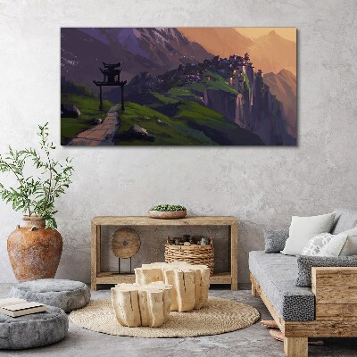 Tablou canvas Peisaj de munte cețos cu o pagodă