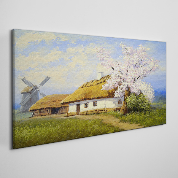 Tablou canvas Peisaj rural cu o moară de vânt și flori