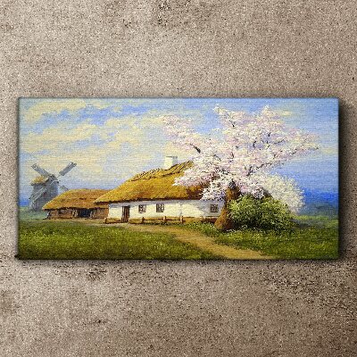 Tablou canvas Peisaj rural cu o moară de vânt și flori