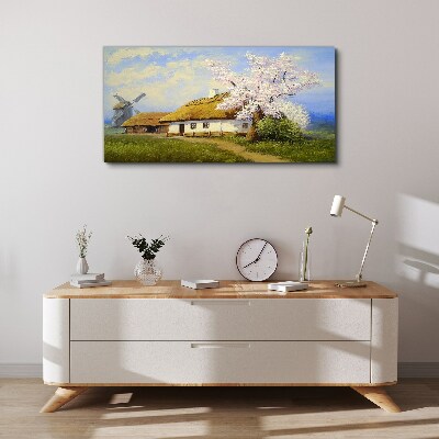 Tablou canvas Peisaj rural cu o moară de vânt și flori