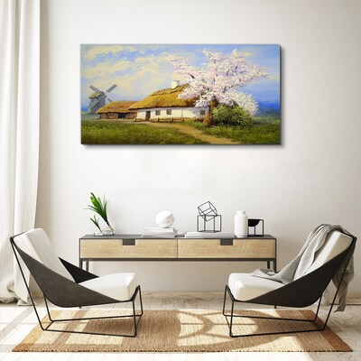Tablou canvas Peisaj rural cu o moară de vânt și flori