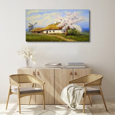 Tablou canvas Peisaj rural cu o moară de vânt și flori
