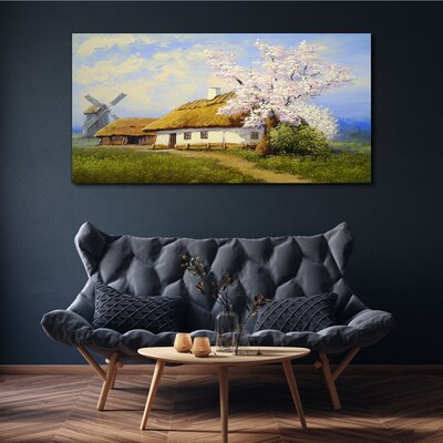 Tablou canvas Peisaj rural cu o moară de vânt și flori