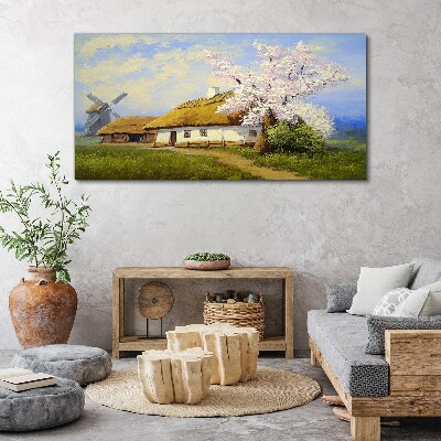 Tablou canvas Peisaj rural cu o moară de vânt și flori