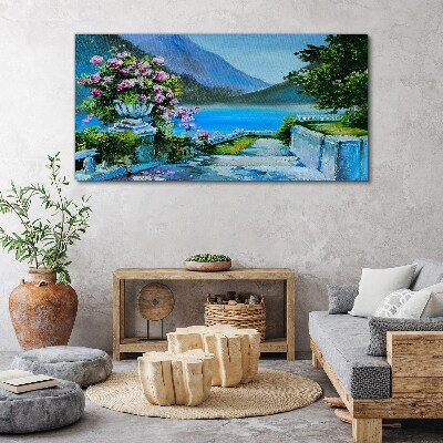 Tablou canvas flori de munte lac
