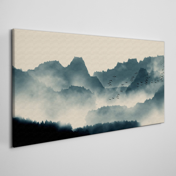 Tablou canvas Peisaj de munte cețos cu păsări