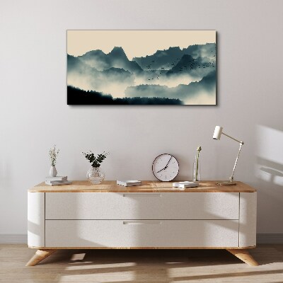 Tablou canvas Peisaj de munte cețos cu păsări