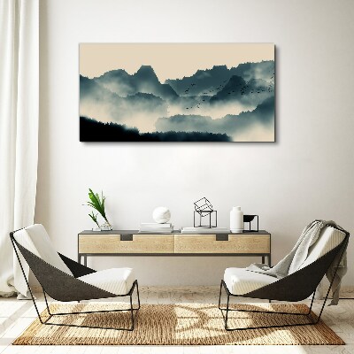Tablou canvas Peisaj de munte cețos cu păsări